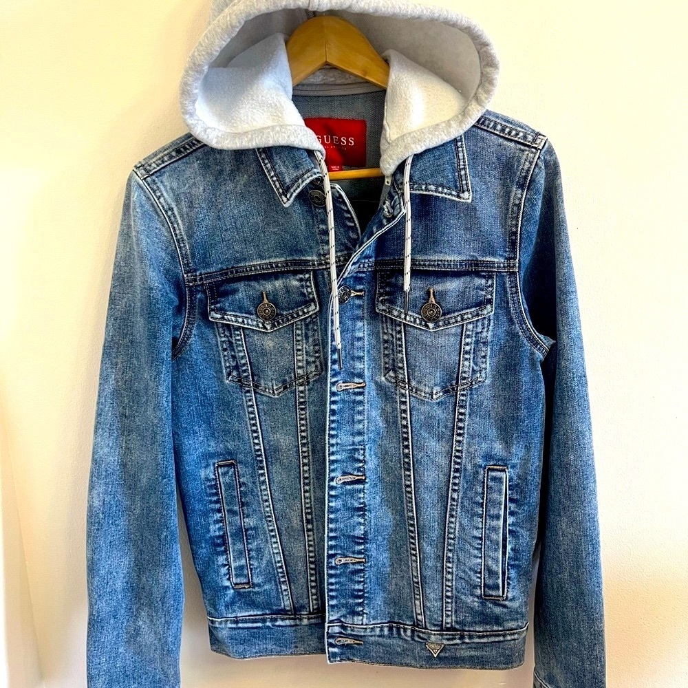 Guess Blue Denim Jacket with Gray Hood⭐️